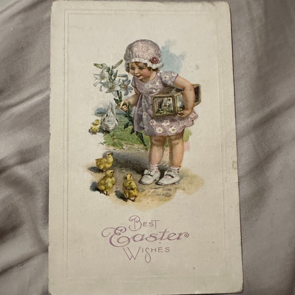 Vintage Antique Easter Postcard Printed in Germany Girl Chicks Lily Embossed